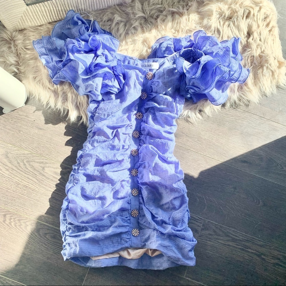 Elliatt Periwinkle Ruched Off the Shoulder Floral Embroidered Mini Dress
